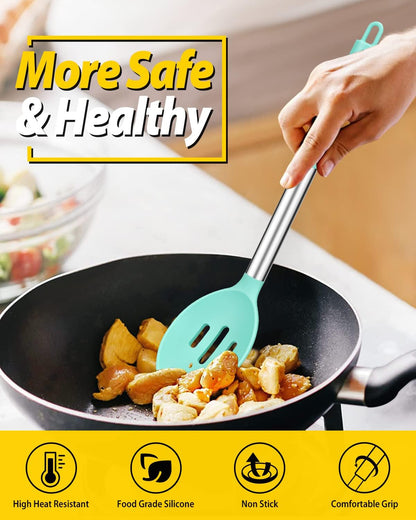 Pack of 2 Large Silicone Cooking Spoons,Non Stick Solid Basting Spoon,Heat-Resistant Kitchen Utensils for Mixing,Serving,Draining,Stirring (GREEN)