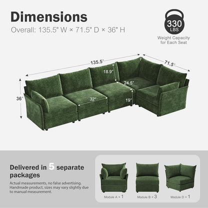 135.5" Oversized Modular Sectional Sofa, L Shaped Convertible Couch with Movable Ottoman, 5 Seat Corner Couches for Living Room Deep Seat Green Chenille