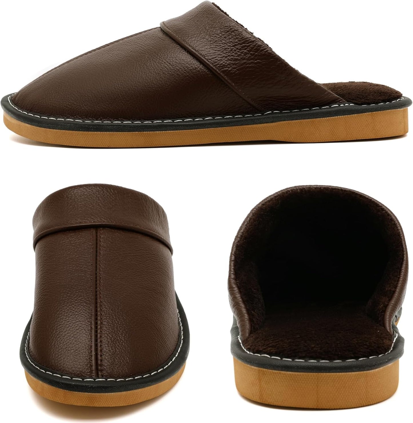 Slippers for Women Men, Genuine Leather Slippers Indoor Outdoor, Fuzzy Bedroom House Shoes for Women Men, Plush Lining Womens Sandals Slip-on