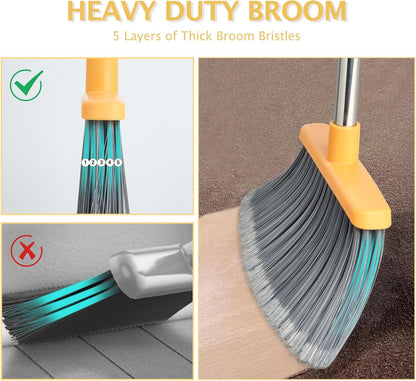 Broom and Dustpan Set, Dustpans with Broom Combo for Home, Heavy Dust Dustpan and Broom Combo, Long Handle Dust Pan and Broom Set for Kitchen, Office, Pet Hair(Gray Yellow)