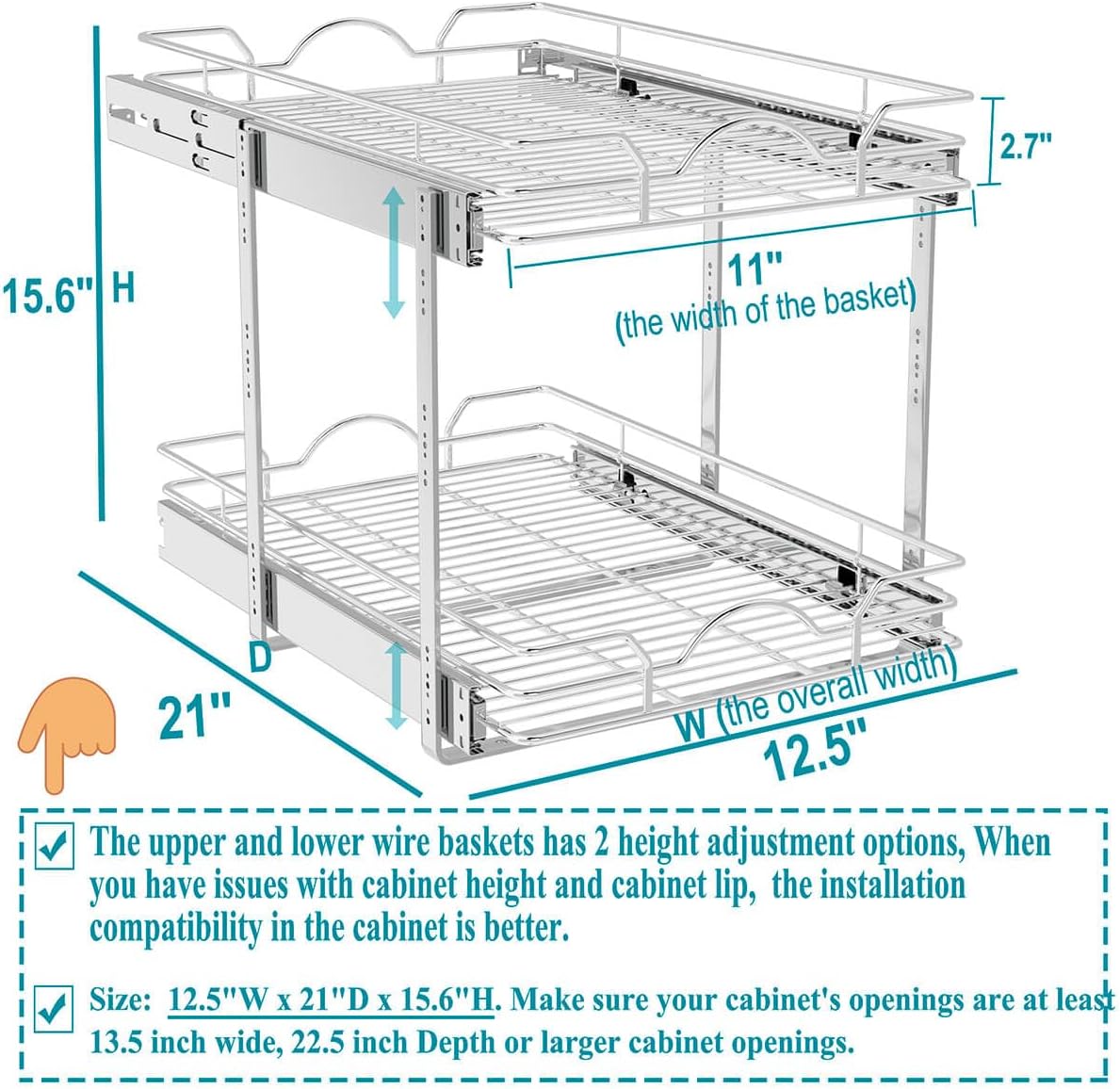 OCG 2 Tier Pull Out Cabinet Organizer (12.5" W x 21" D), Pull Out Drawers for Kitchen Cabinets, Pull Out Shelves for Base Cabinet Organization in Kitchen Bathroom Pantry, Chrome Finish