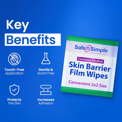 Safe n' Simple Skin Barrier Wipe with Alcohol - 50 Individually Packaged Wipes 2"x2" - Ostomy Sterile Skin Prep Pads - Skin Barrier Film Wipes for Ostomy - Alcohol Stoma Barrier Prep Pads