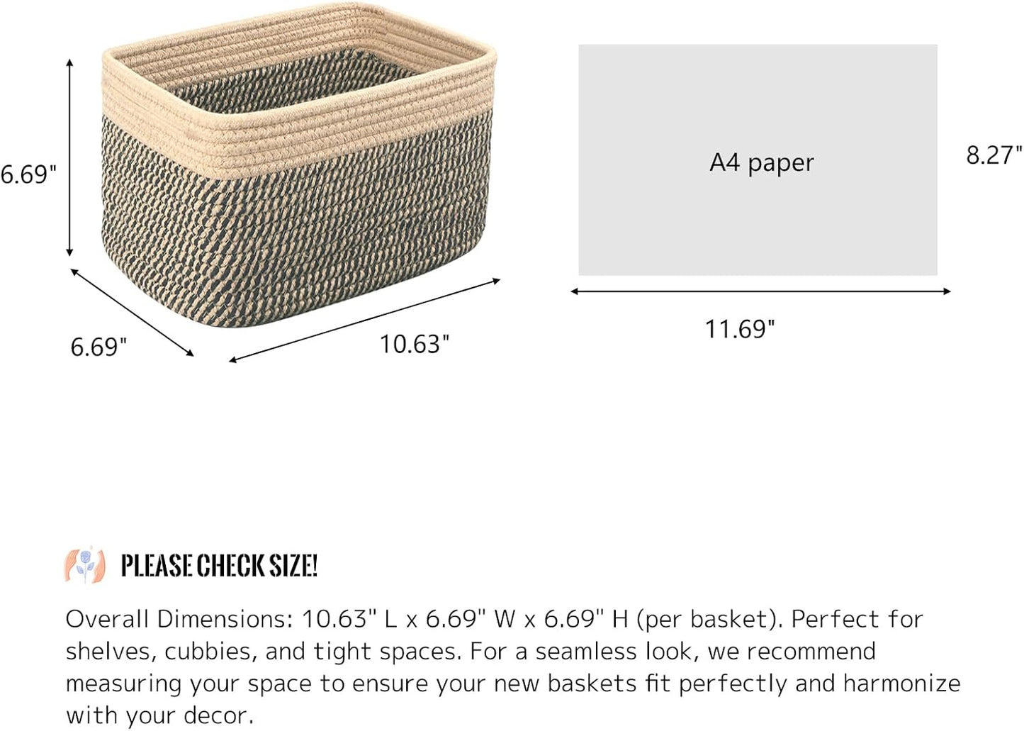 Small Cotton Rope Basket – Storage Bin for Organizing (10.6" x 6.7" x 6.7"), Bathroom Storage Basket for Shelf, Counter & Closet（Camel & Mixed Black）