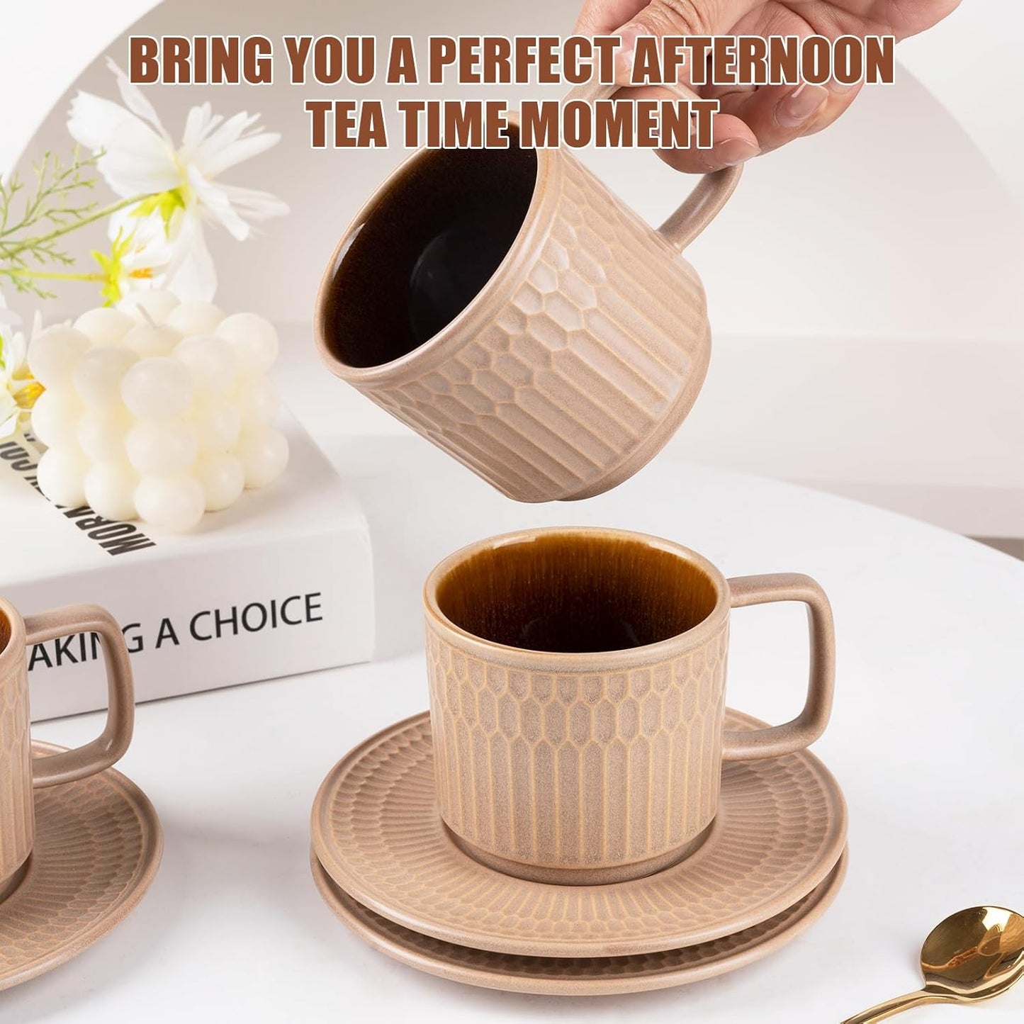 Large Cappuccino Cups with Saucers Set of 4, 8 Ounce Stackable Embossed Ceramic Coffee Mugs for Specialty Coffee Drinks, Latte, Cafe Mocha and Tea, Dishwasher & Microwave Safe (Brown)