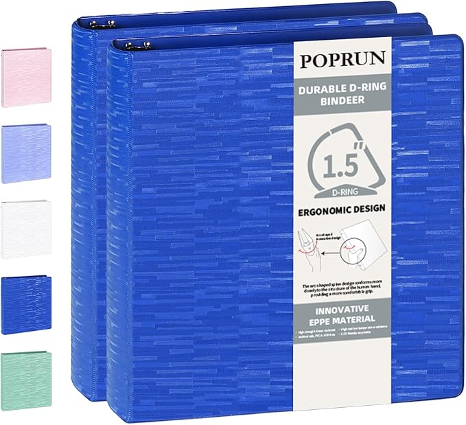 POPRUN 3 D Ring Binder 1.5 Inch, PVC-Free, Holds 375 Sheets of 8.5 x 11 Paper, Extra Durable Organizer with 2 Pockets for School & Office, Heavy-Duty, 2 Pack, Prussian Blue