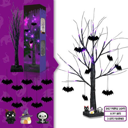 EAMBRITE Halloween Tree, Black Halloween Decorations Indoor, 2FT Spooky Tabletop Trees Battery Operated with 24LED Purple Lights 8 Bat Ornaments, Centerpieces for Tables, Home, Room(2 Pack)