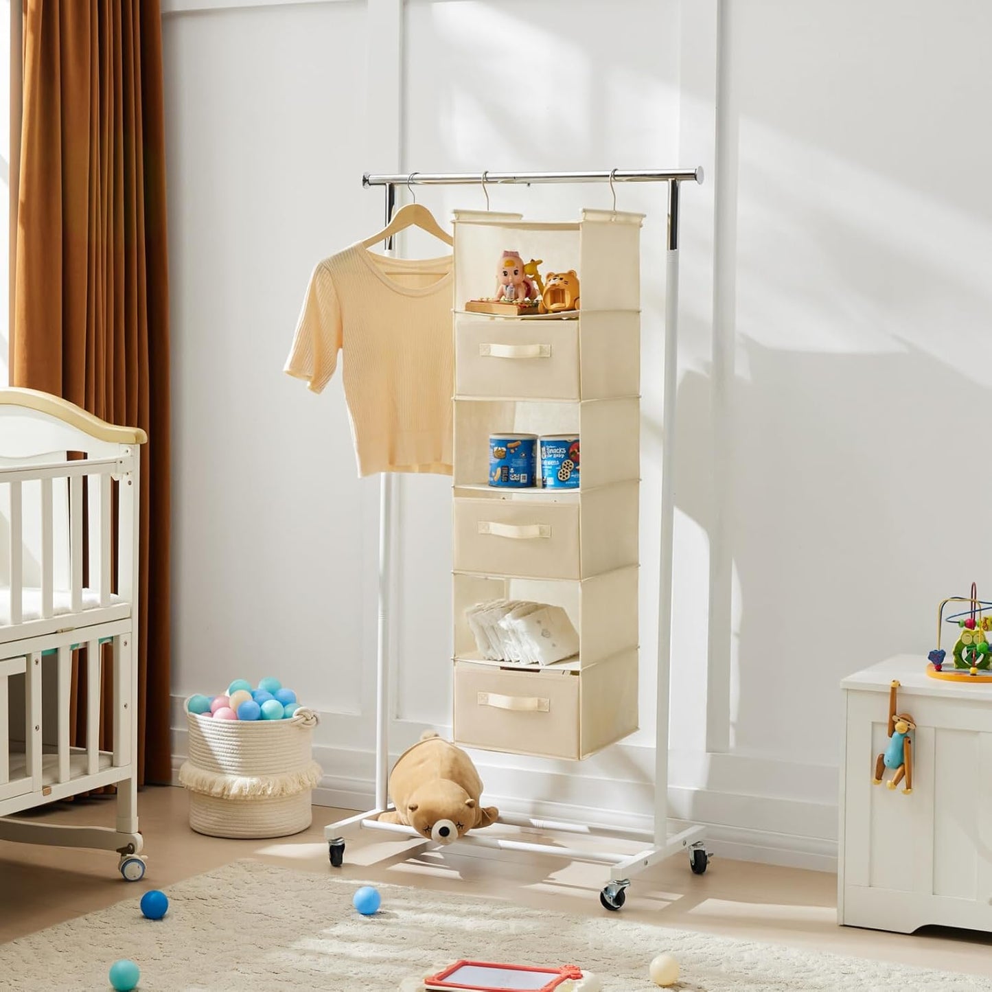 MAX Houser 6 Tier Shelf Hanging Closet Organizer, Closet Hanging Shelf with 2 Sturdy Hooks for Storage, Foldable (Beige-D3)