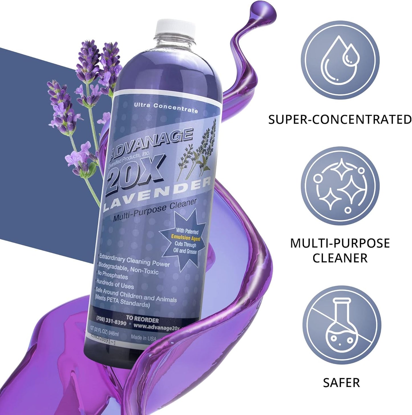 All Purpose Cleaner Concentrate - Advanage 20X The Wonder Cleaner Lavender for All Surfaces Around Bathroom, Kitchen, Oil and Grease, Multi Purpose Cleaner for Household Cleaning Solution | 32 FlOz