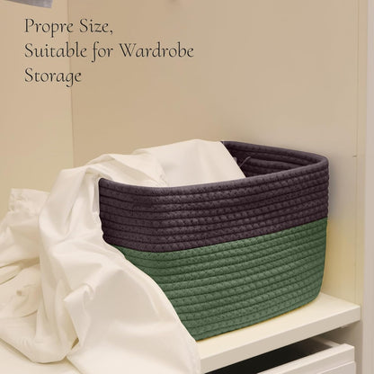 Hopegiver Woven Storage Baskets 11x8x7 Inch, 3 Pack Collapsible Cube Storage Bin for Shelves - Foldable Cotton Rope Organizer Bins for Towels, Toys, Books, Closet, Nursery (Brown Green)