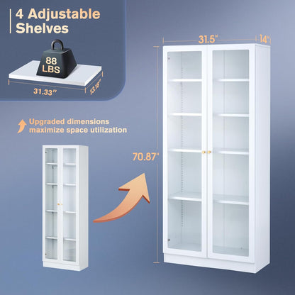 32" Wide Metal Storage Cabinet with Acrylic Doors and 4 Adjustable Shelves, 71" Tall Bookshelf, 5-Tier Freestanding Kitchen Pantry Cabinet with Anti-Tipping for Small Spaces/Kitchen/Living Room
