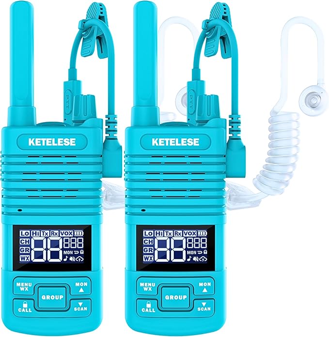 KETELESE T1 Walkie Talkies Long Range with Acoustic Tube Earpiece, Portable FRS Two-Way Radios, USB C Rechargeable walky Talky for Adults, for School Restaurant Church Business(2 Pack), Blue