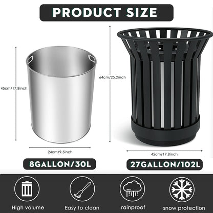 8Gallon/30L Commercial Outdoor & Indoor Metal Trash Can, Outdoor Slatted Trash Receptacle with Metal Linner, All Weather Resistant Large Outside Zone Round Garbage Bin for Street, Park, School - Black