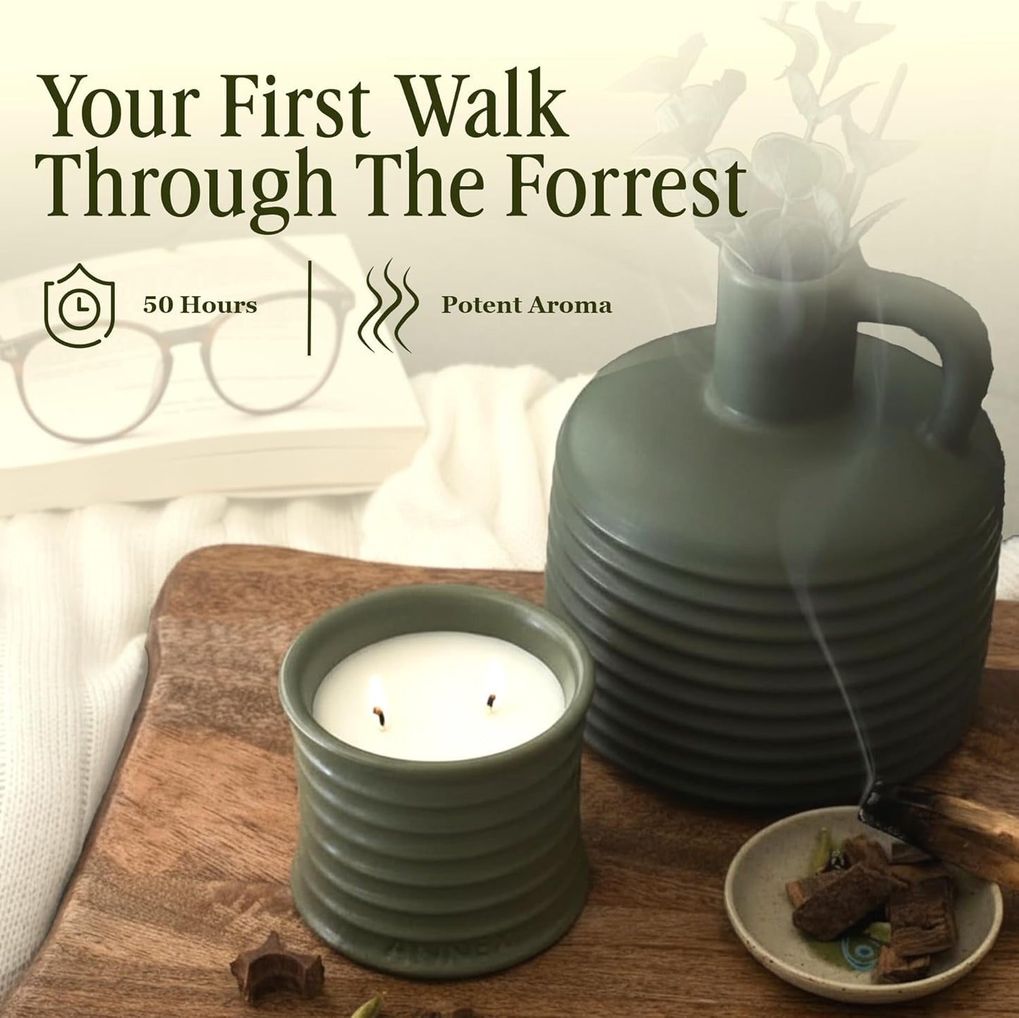 Scented Luxury Candles in Handmade Ceramic Jars, Soy Wax | Woody Wood – Oud & Agarwood, Large Candle | Non Toxic, 2 Wicks, Reusable Big Olive Green Jar | Natural Spring Aromatherapy for Women & Men