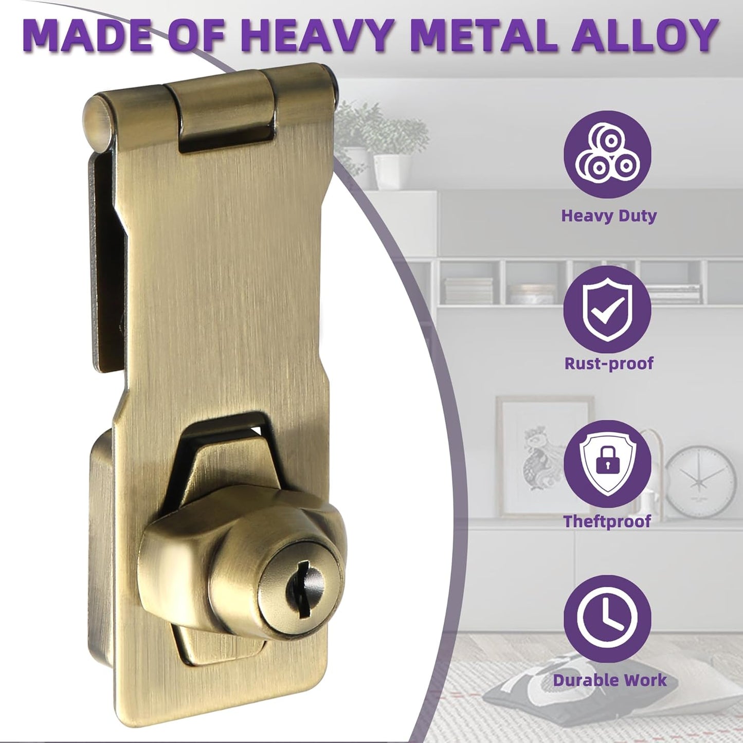Alise Keyed Hasp Lock,4 Inch Safety Packlock Clasp Hasp Lock Latch with Lock,Door Hinge Lock with Keys Keyed Locking Hasp for Cabinets Closets Doors,Bronze