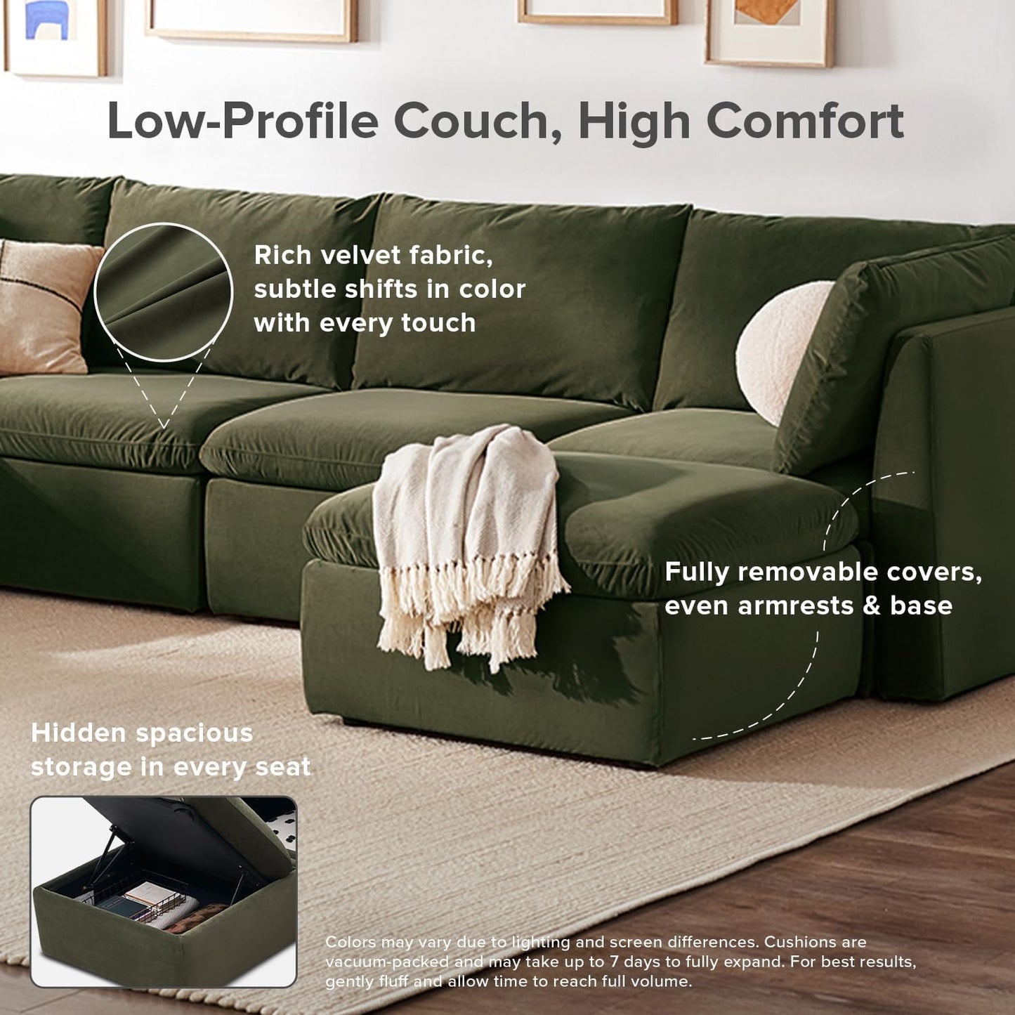 mopio Oversized Modular Sectional Sofa with Fully Removable Covers and Storage, Convertible U, L-Shaped and Sleeper Sectional, Modern Couches with Ottoman Chaise (Olive Green Velvet, 7 Seats, U)