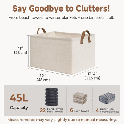StorageWorks Storage Bins, Shelves Baskets for Organizing, 45L Extra Large Fabric Closet Organizers with Handles, Metal Frame, Beige（Cotton-linen）, 2-Pack