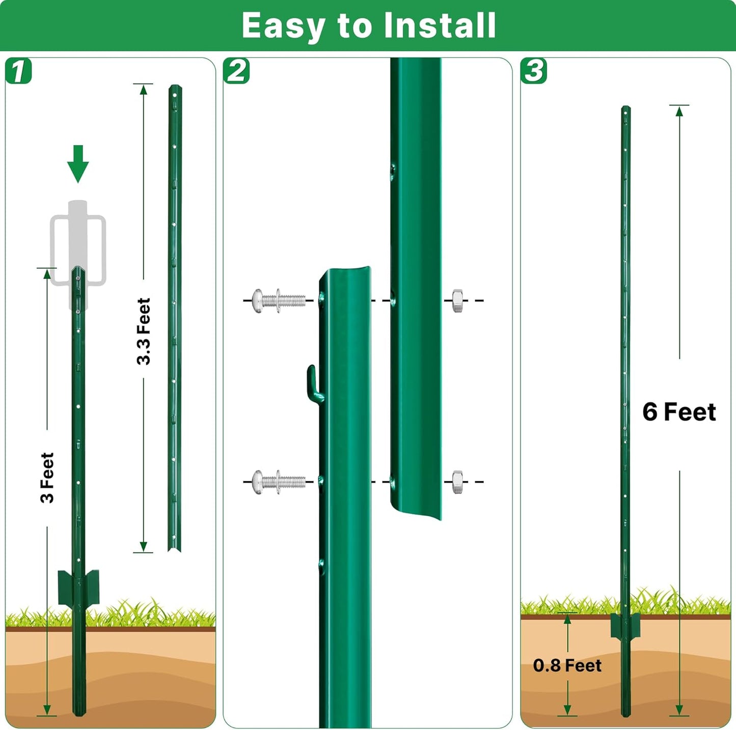 ARIFARO Sturdy Duty Metal Fence Posts 6 Feet assemblable,Pack of 10,No Digging Garden U Post for Wire Fencing Steel Poles for Yard, Outdoor