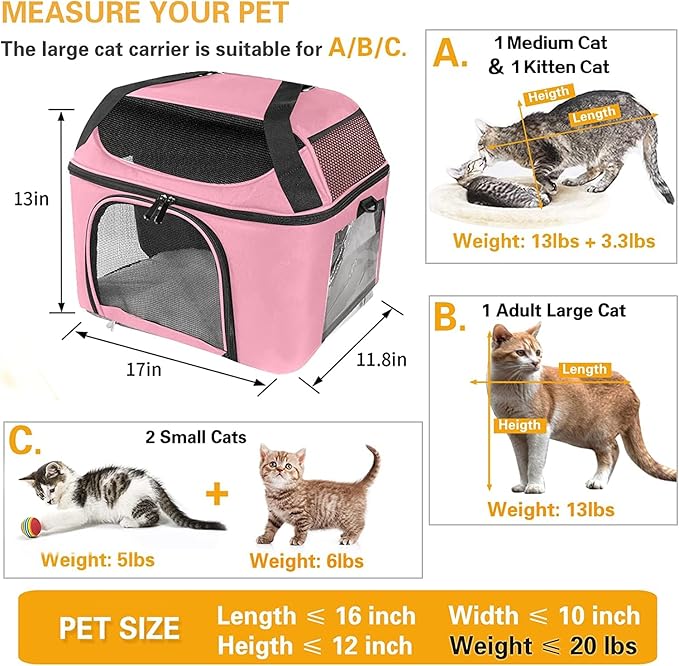 Cat Carrier Bag Backpack Dog Carrier for Pets Up to 20 Lbs Portable Breathable Collapsible Pet Carrier for Cats Kitten Puppy Small Dogs - Pink