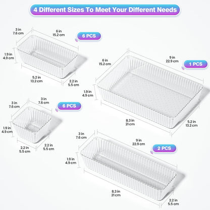 15 PCS Clear Plastic Drawer Organizer Set - 4 Sizes Makeup Organizer Desk Drawer Divider Bathroom Organizers and Storage Bins for Makeup, Jewelry, Gadgets, Office, Kitchen, Bedroom, Bathroom