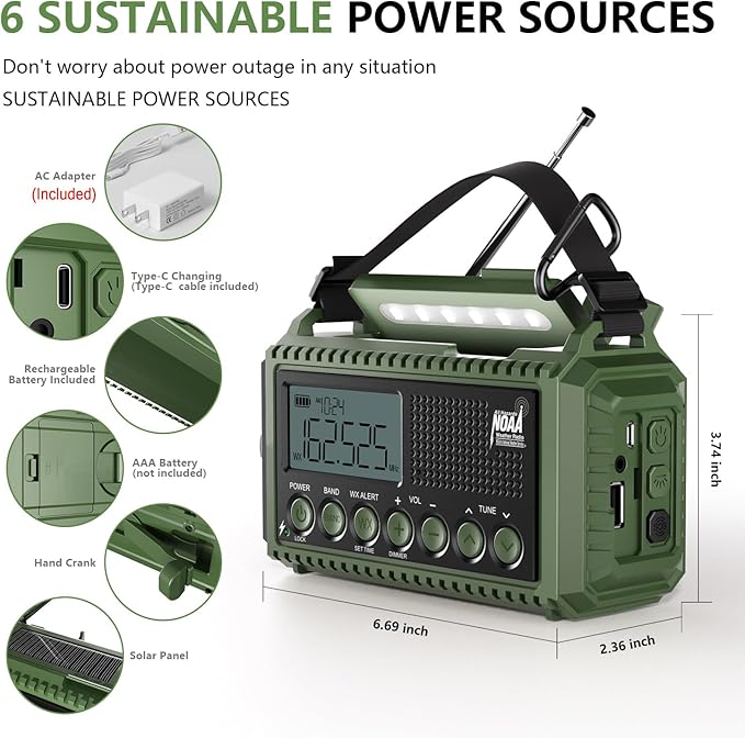 NOAA Emergency Radio with Auto Weather Alerts - 12000mAh Solar Hand Crank Weather Radio, 6 Power Sources, Bright LCD Digital Tuning, AM/FM/SW Receiver, SOS Alarm & Power Bank for Home Camping Survival