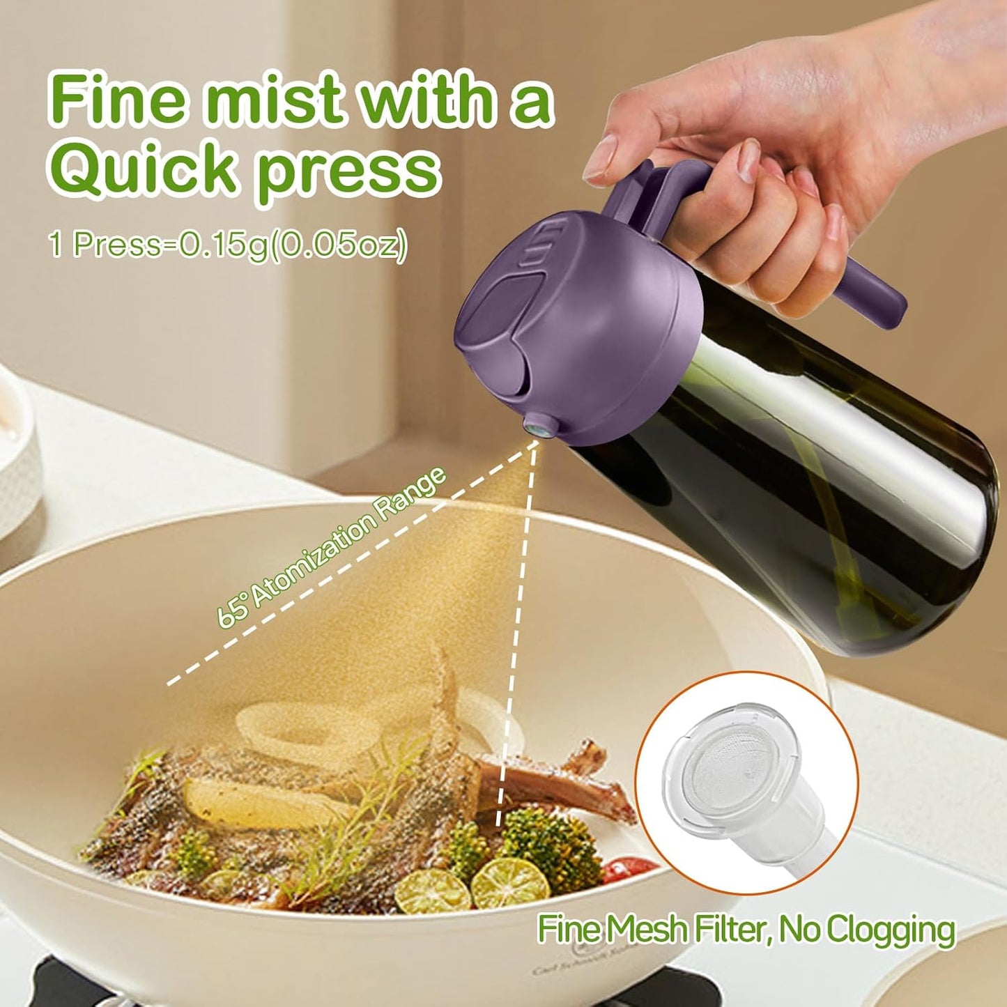 YARRAMATE 16oz/470ml Dark Green Oil Sprayer for Cooking with Stickers, Food-grade Premium 2 in 1 Olive Oil Dispenser Bottle for Kitchen Gadgets, Air Fryer, Salad, Frying, BBQ (Purple)