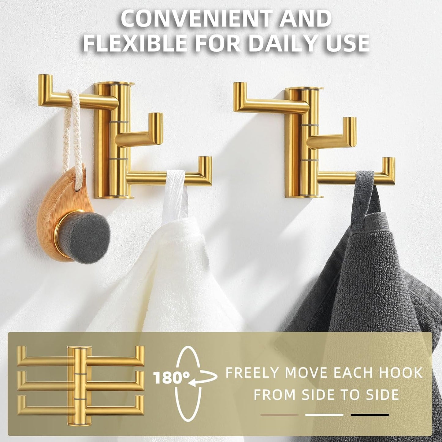 Angle Simple Towel Hooks Swivel, SUS 304 Stainless Steel 3 Arms Foldable Hand Towel Holder, Coat Hooks, Brushed Gold, 2 Pack