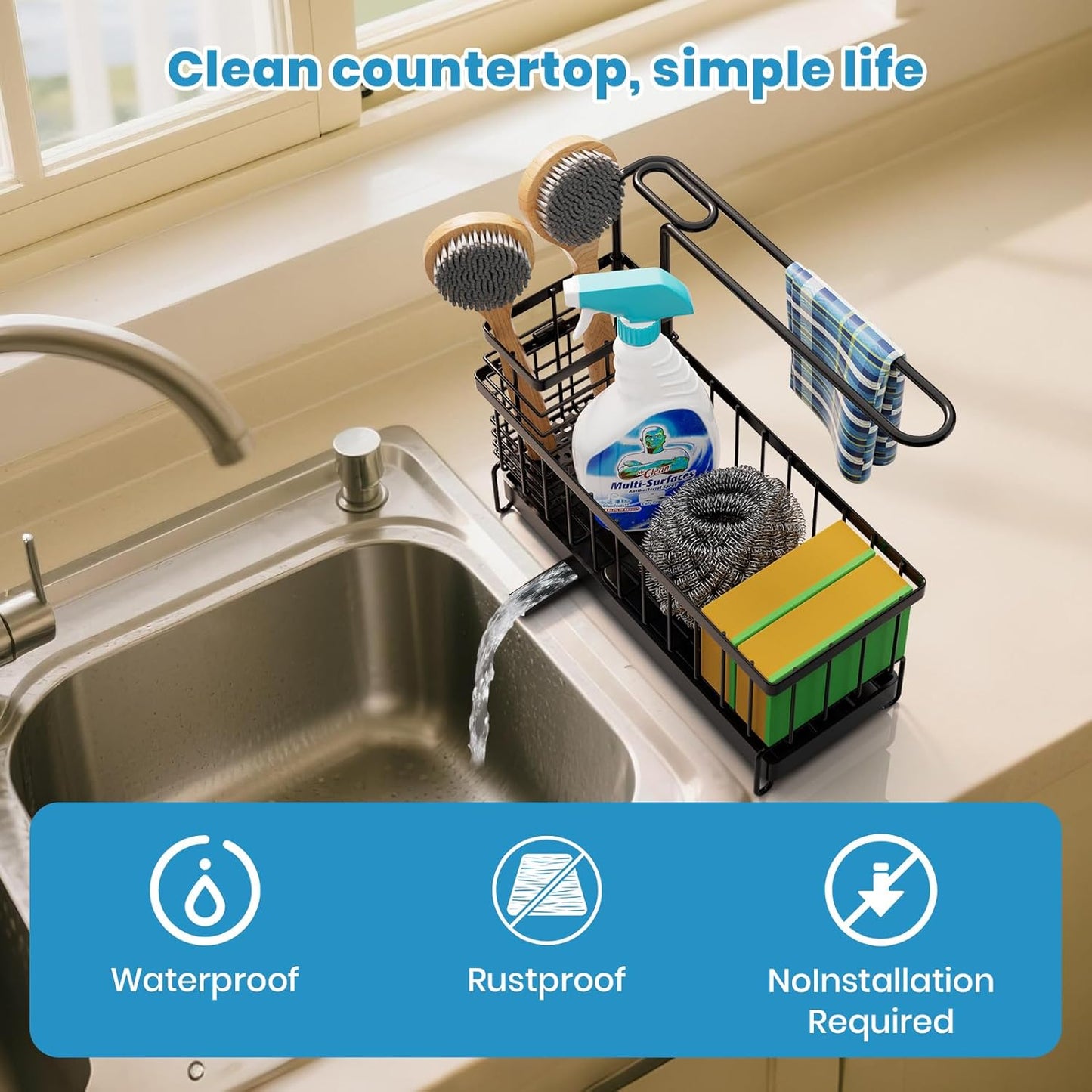 Kitchen Sink Caddy, Sponge Holder with 360 Degree Rotating Drain, Carbon Steel Organizer with High Brush Holder Rustproof, Sink Caddy Organizer for Kitchen Gadgets and Decor