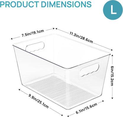 Vtopmart Clear Plastic Pantry Organizer Bins, 6 PCS Food Storage Bins with Handle for Refrigerator, Fridge, Cabinet, Kitchen, Countertops, Cupboard, Freezer Organization and Storage, BPA Free, Large