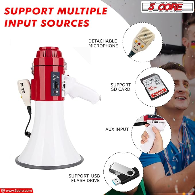 5 CORE Megaphone 60W Bull Horn Professional PA Speaker w 1200 Yards Range Loud Siren Voice Amplifier USB/SD/3.5mm Aux Portable Megafono for Emergency Outdoor Sports and Coaches - 77SF