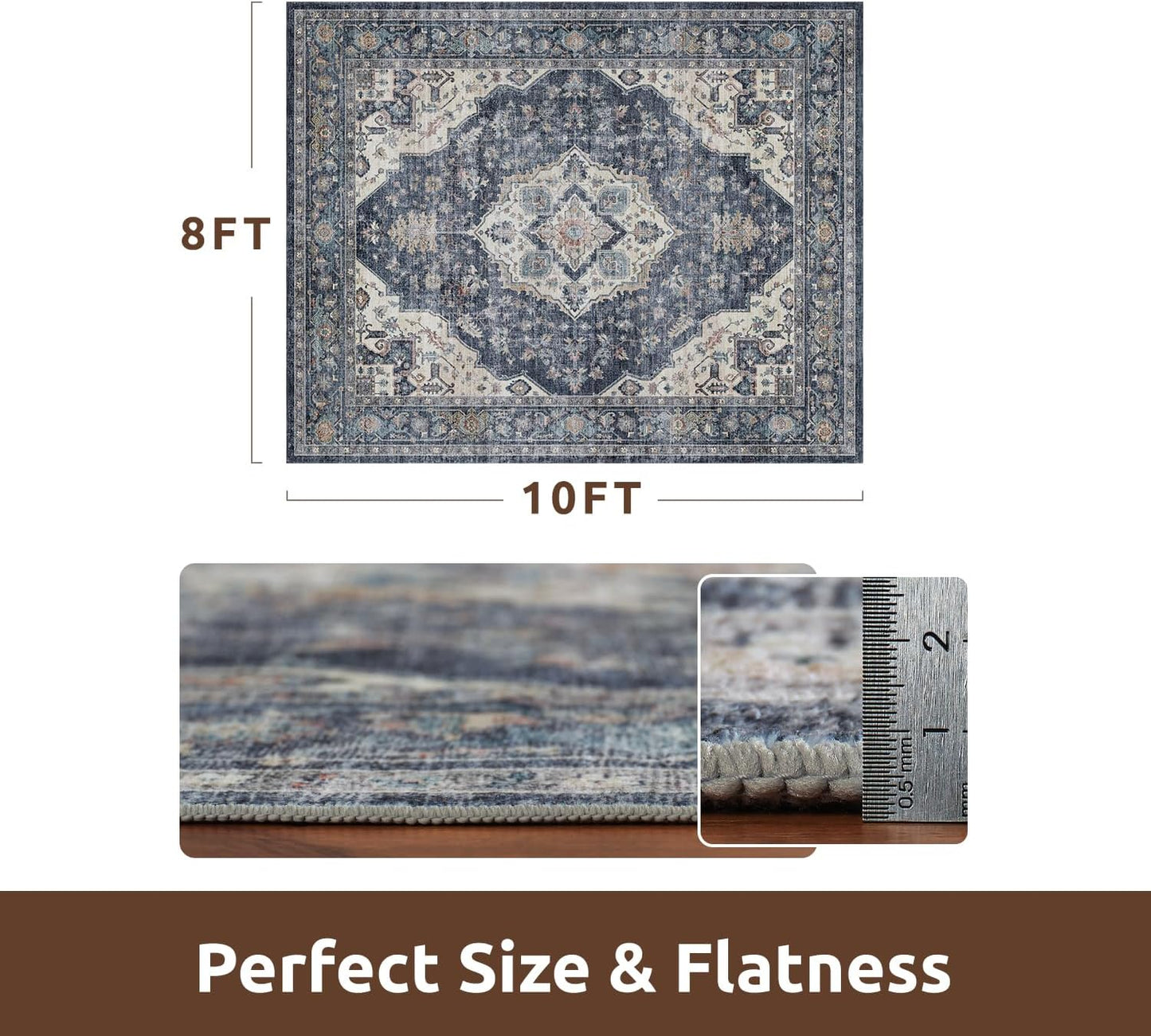 AMOAMI-Area Rug 8X10 Rugs for Living Room-Vintage Soft Blue Rugs for Bedroom-Non Slip Carpet-Washable Rug for Dining Room Living Room Bedroom Office Under Table