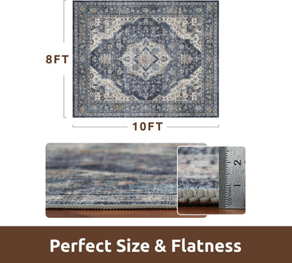 AMOAMI-Area Rug 8X10 Rugs for Living Room-Vintage Soft Blue Rugs for Bedroom-Non Slip Carpet-Washable Rug for Dining Room Living Room Bedroom Office Under Table