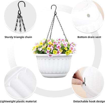 YIKUSH Planters for Outdoor Plants 2 Pack White Plant Pots with Drainage Hole and Absorbing Tray Hanging Planters for Indoor Plants (12 inch, 3 Hooks)