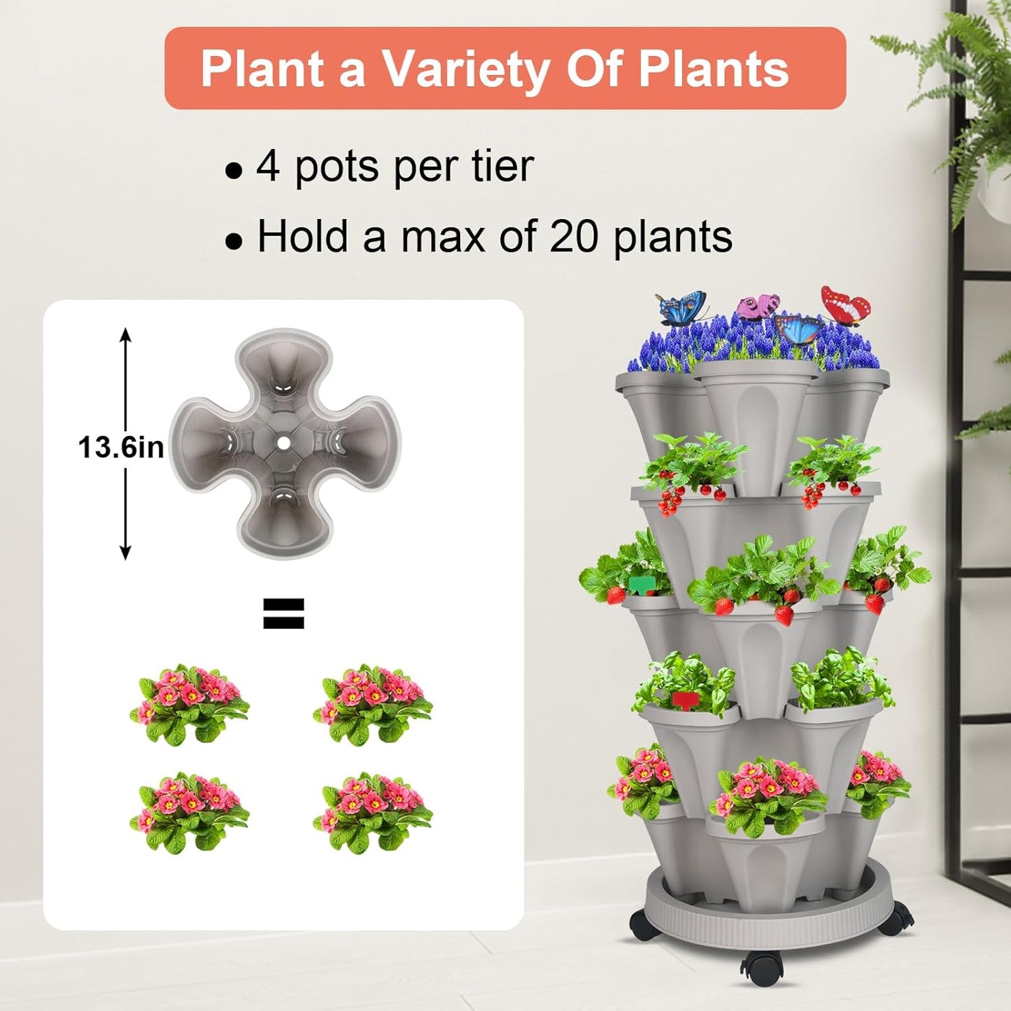 Vertical Planter, 5 Tier Stackable Strawberry Planter with Garden Tool Set, Movable Indoor/Outdoor Garden Herb Pot for Growing Vegetables and Succulents, Gray