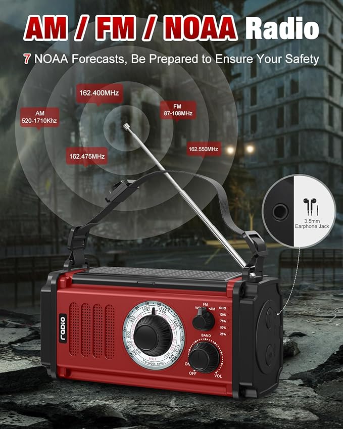 10000wAh/37000mWh Emergency Hand Crank Radio, Solar AM FM NOAA Weather Radio, 5 Charging Methods, Torch & LED Reading Light, SOS Alarm for Winter Storm Emergency, Red
