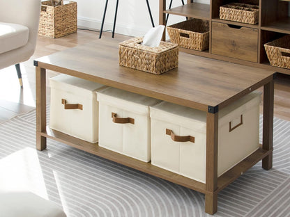 StorageWorks Storage Bins with Lids, Decorative Storage Boxes with Lid and PU Handles, Foldable Storage Baskets for Closet, Shelves, Stackable, Ivory, Jumbo, 3-Pack