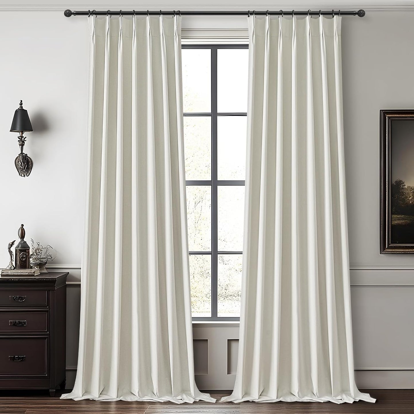 10 ft Extra Long Curtains for Sliding Glass Doors, 100% Blackout Beige White Pinch Pleated Linen Winter Curtains Insulated Noise Reducing Heavy Drape for Large Window (40" Wx120 Lx2 Panels)