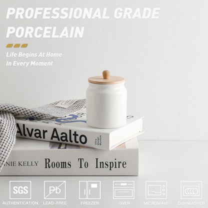 Sweejar Ceramic Kitchen Canisters, Porcelain Food Storage Jar with Airtight Seal Wooden Lid, Home Container Serving for Coffee Beans, Tea-leave, Sugar, Salt and More (White, XS(6.8 FLOZ))