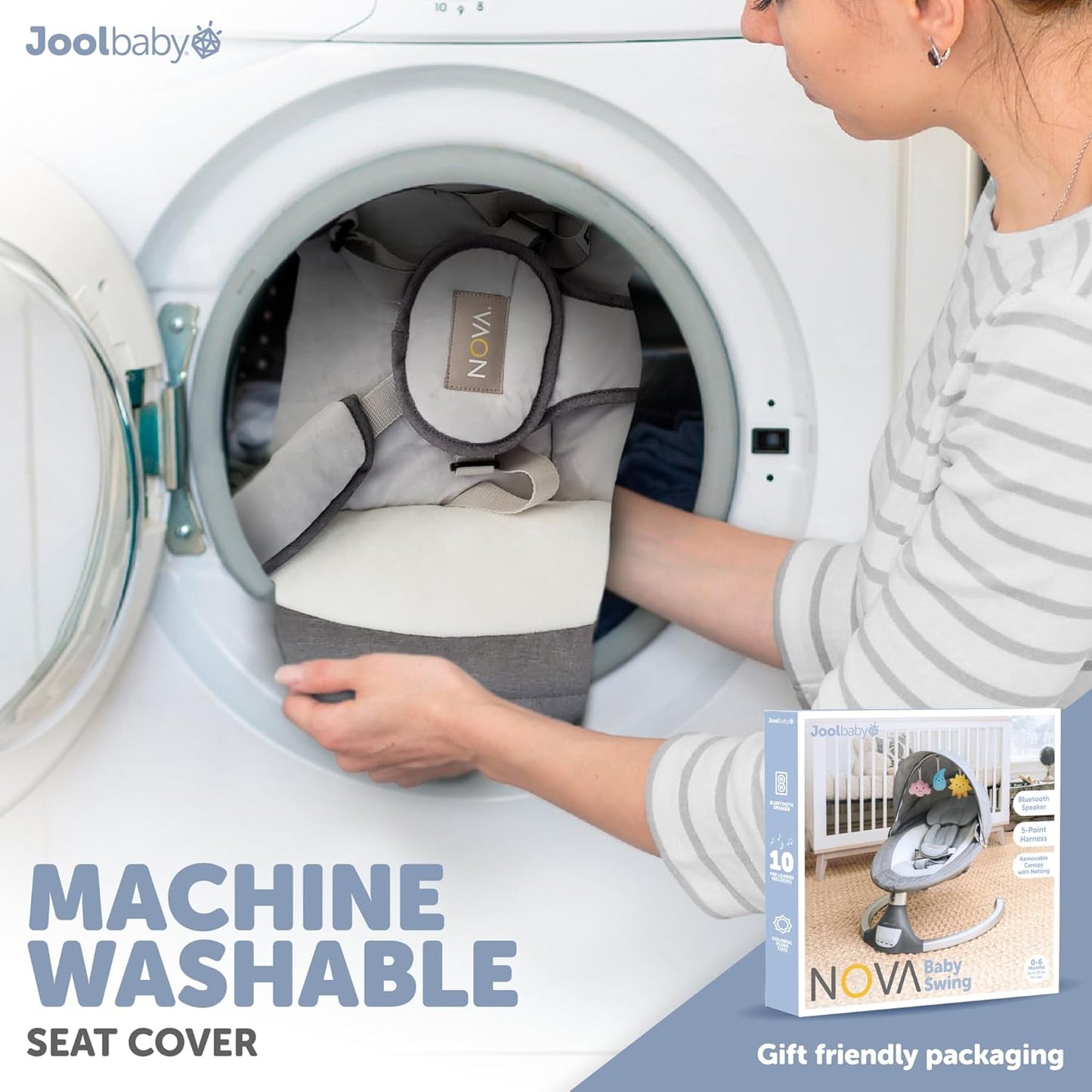 Jool Baby Nova Swing for Newborns - Electric Motorized Infant Swing, Bluetooth Music, 10 Preset Melodies, Remote (Updated Model, Gray)