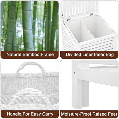 Homykic Bamboo Laundry Hamper with Lid, 120L Large Clothes Laundry Sorter with Removable 2-Section Liner Bag, Raised Laundry Basket Organizer for Clothing, Bathroom, Bedroom, Laundry Room, White