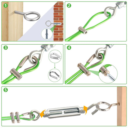 Turnbuckles for Cables Wire, 1/8" X 100Ft Green PVC Coated Wire Rope Kit, Multi-use Steel Cable for Grape Vines/Clothes Line Outdoors for T Post/String Light Hanging/Garden Cable