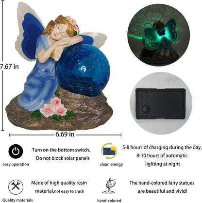 Fairy Garden Statue ，Solar Garden Decor ，Fairy Statue Outdoor with Glass Ball ，Waterproof Outdoor Decor，Suitable for Yard, Lawn ，Ideal for Holiday Giving（Blue）