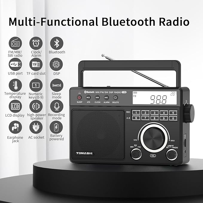 Portable Shortwave MW FM Radio with Bluetooth, ATS Tuning, Clock & Alarm, Recording, MP3/WMA Playback via USB/SD Card, Battery Operated Radio with LCD Display