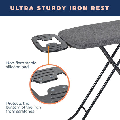 Ironing Board with Iron Rest, Iron Board with 3 Layers Extra Thick Cover, Compact and Space Saver Foldable Ironing Board, Adjustable Height, Easy Storage with Smart Hanger and Lightweight Design