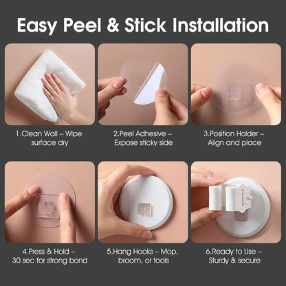 Mop Holder 3 Pack - Wall Mount Broom and Mop Grippers, No Drilling Self Adhesive Hooks, ABS Heavy Duty Storage Organizer for Kitchen, Garage, Bathroom