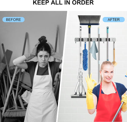 nacena Broom holder Wall Mount, 2-Pack Stainless Steel Self-Adhesive Mop and Broom Hooks Heavy Duty Broom and Mop Storage Rack laundry room organization Garage Organizer for Kitchen Garden garage