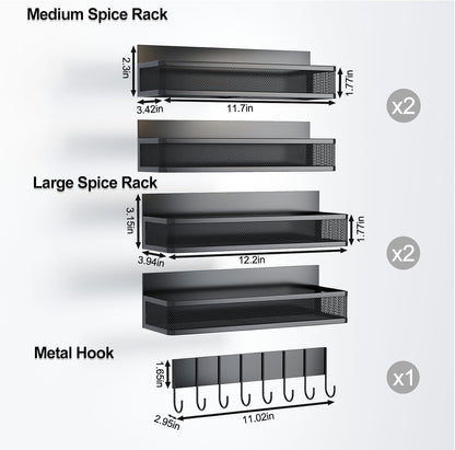 Magnetic Spice Rack for Refrigerator, 5 Pack Magnetic Shelf, Moveable Magnetic Fridge Organizer with 8-Hook Rack, Seasoning Organizer for Kitchen Organization and Storage (5 Pack)