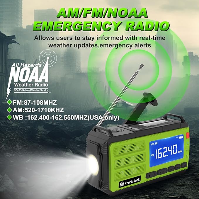 Emergency Weather Radio, Solar Hand Crank Radio AM/FM NOAA 37000mWh, Weather Alert Radio with 3 Mode Flashlight, Reading Lamp, SOS Alarm, Compass, Headphone Jack for Home Camping Emergency (Green)