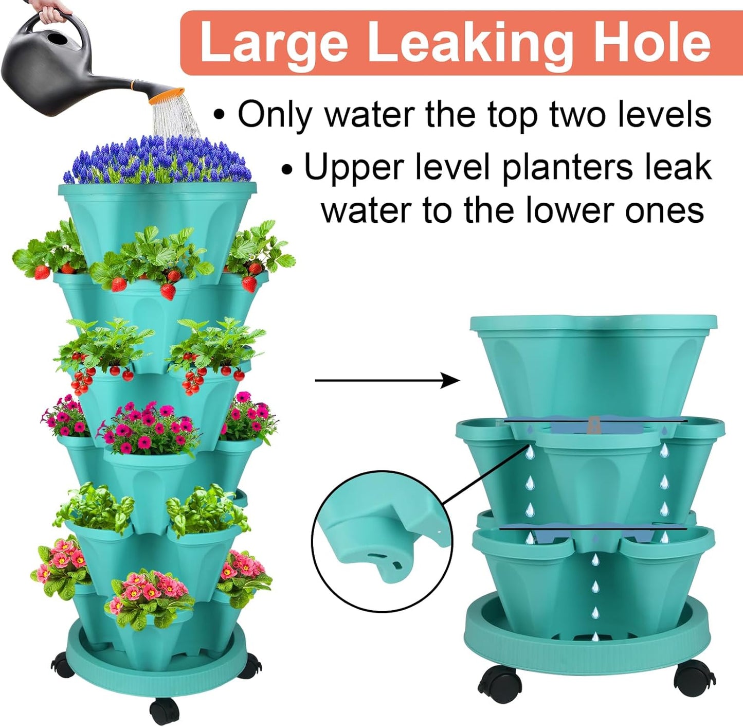 DUNCHATY Stackable Planter, Vertical Garden Planter with Wheels and Tools, Self Watering Strawberry Planter Indoor/Outdoor 6 Tier Herb Planter Pots for Growing Vegetables and Succulents, Teal