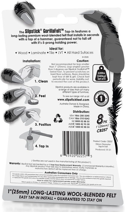 GorillaFelt CB257 Chair Leg Floor Protectors/Felt Glides (Set of 8) Tap On Felt Furniture Pads Guaranteed to Stay On, 1 Inch Round Sliders