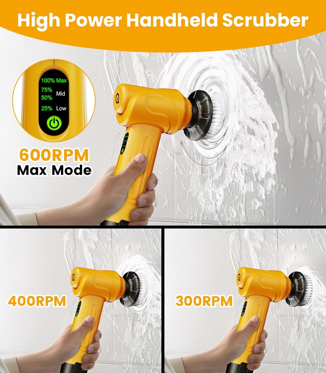 qimedo 5000mAh Battery Electric Spin Scrubber Q4, Handheld Scrubber for Cleaning with Display, Power Dish Scrubber with 5 Heads, Shower Cordless Cleaning Brush for Bathroom/Sink/Window
